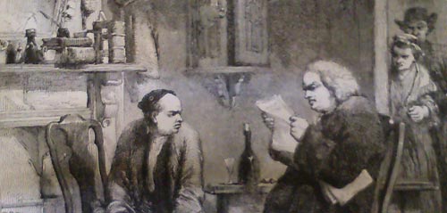 Dr. Johnson reading "The Vicar of Wakefield", from Illustrated Exhibitor & Magazine of Art, 1851. Drawn by Gilbert, engraved by J. Linton 