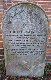 Philip Sainty's headstone in the churchyard at St. Mary's. Smuggling and bigamy not mentioned.