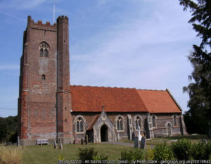 The church at Great Holland, with its large red brick tower.
